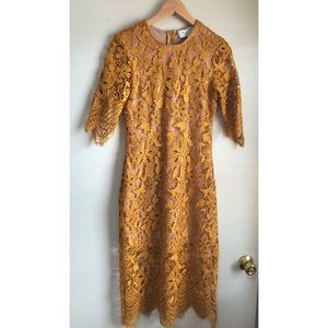 Mustard yellow lace midi dress